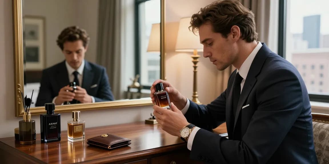 Man die Armaf Club de Nuit Intense Man parfum aanbrengt in een elegante stedelijke omgeving.