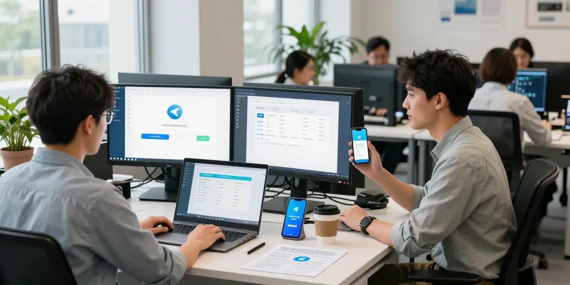 Setting Telegram中文 on various devices in a tech support environment, illustrating user-friendly setup processes.