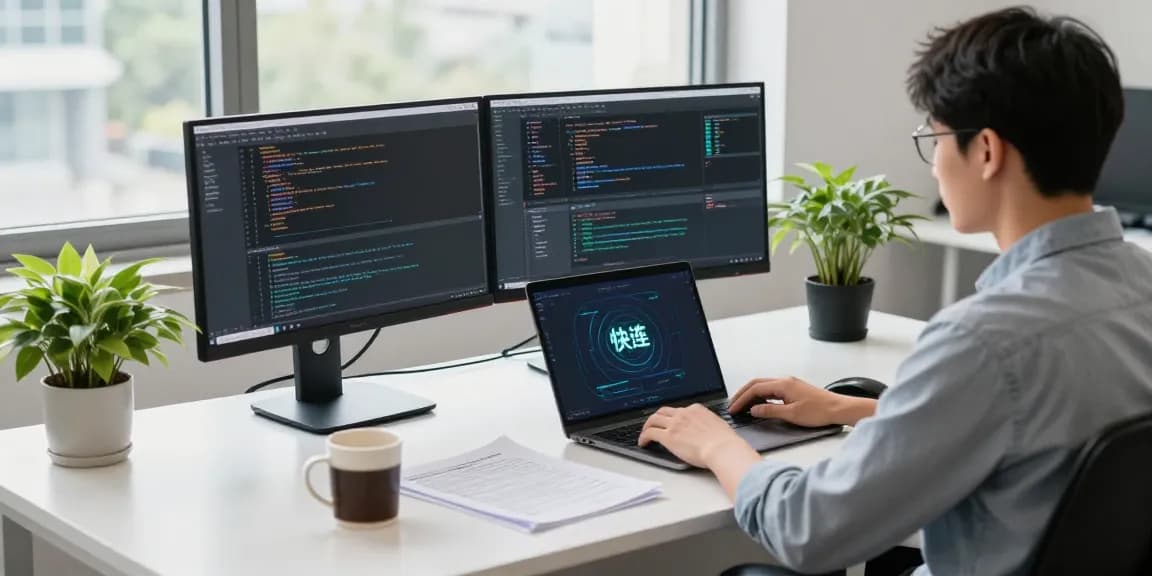 快连 network acceleration platform displayed on a developer's monitors in a modern workspace.