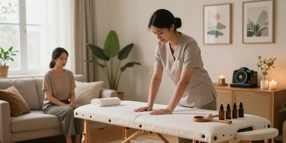 Client receiving 성동구출장안마 in a serene home environment with professional massage therapist.