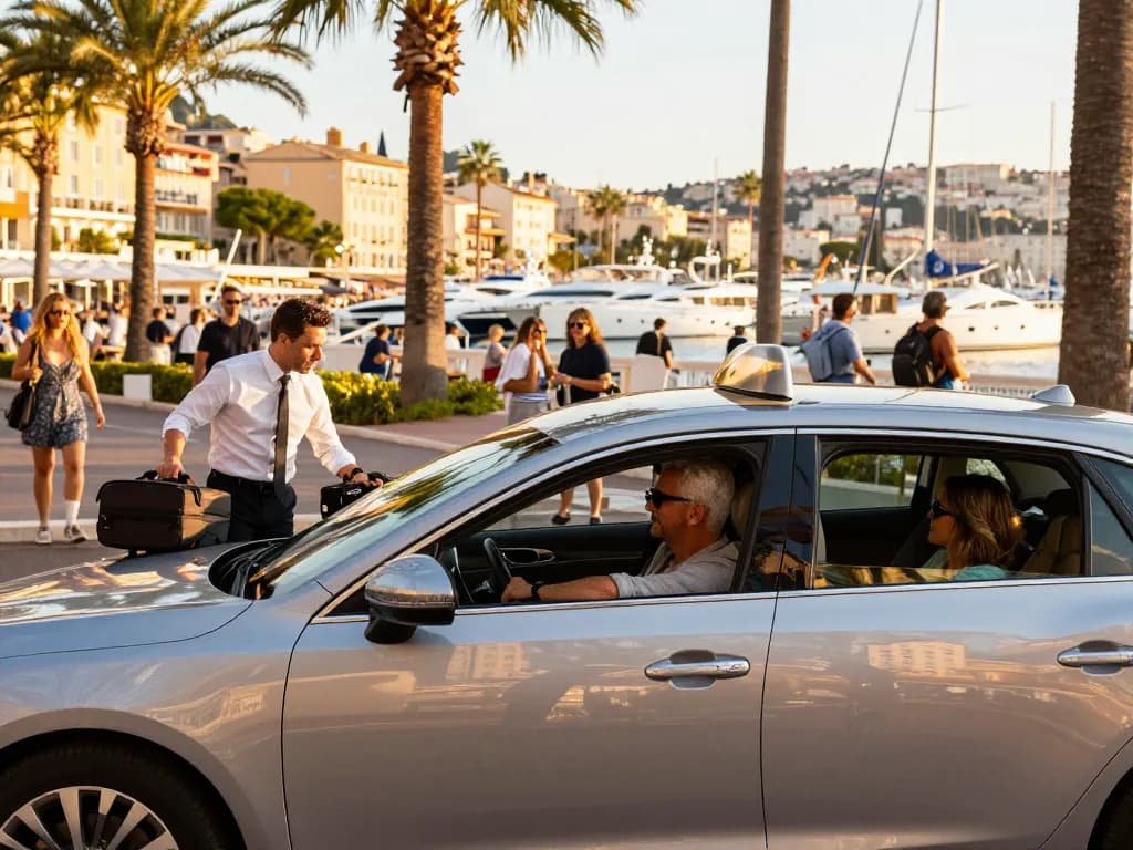 Taxis à St Tropez offrant une expérience de transport haut de gamme avec un véhicule de luxe devant la pittoresque Côte d'Azur.
