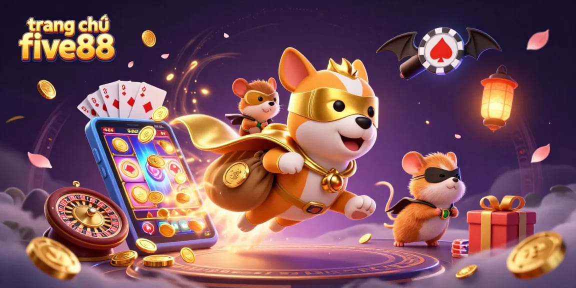 Engage with thrilling gaming action at trang chủ five88, featuring a superhero dog and his sidekick amidst exciting casino elements.