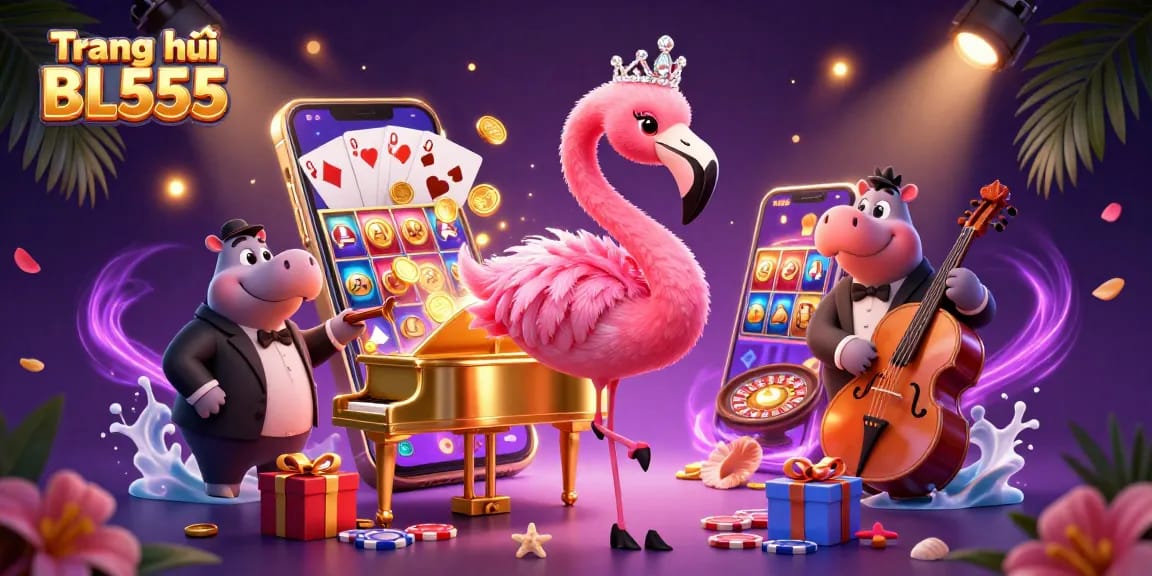 Experience the thrills of Trang chủ BL555 with a vibrant casino atmosphere featuring a flamboyant flamingo singer and hippo bassist.