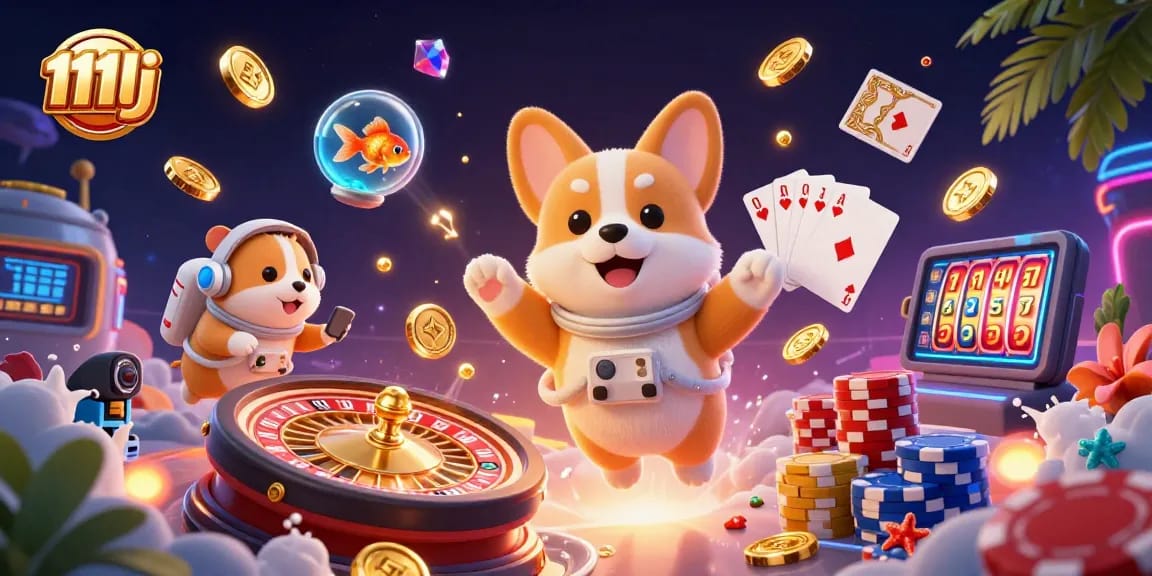Experience gaming excitement with 111lj's space-themed casino scene featuring playful characters.