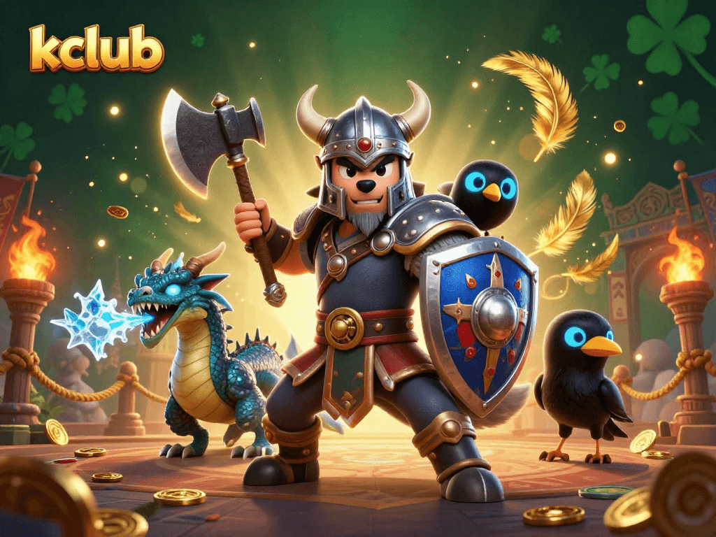 Engage with kclub's thrilling gaming experience featuring a Viking wolf warrior and dragon in a dynamic casino scene.