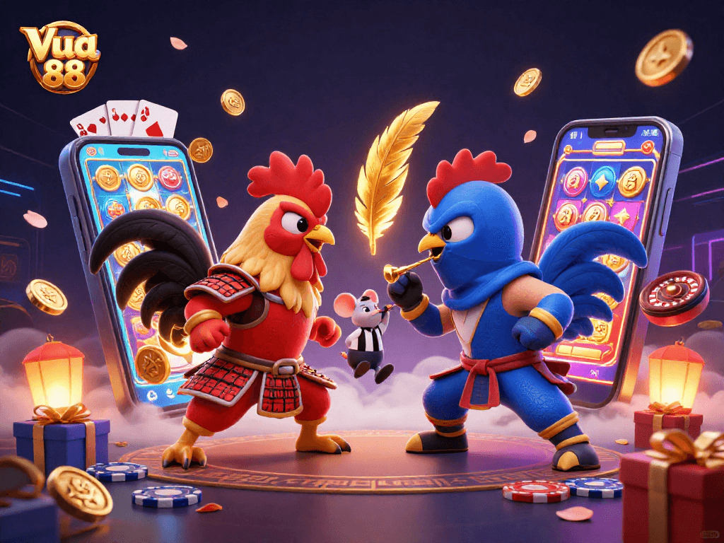 Experience thrilling action at Vua 88 with dynamic gambling scenes featuring fighting roosters and colorful game elements.