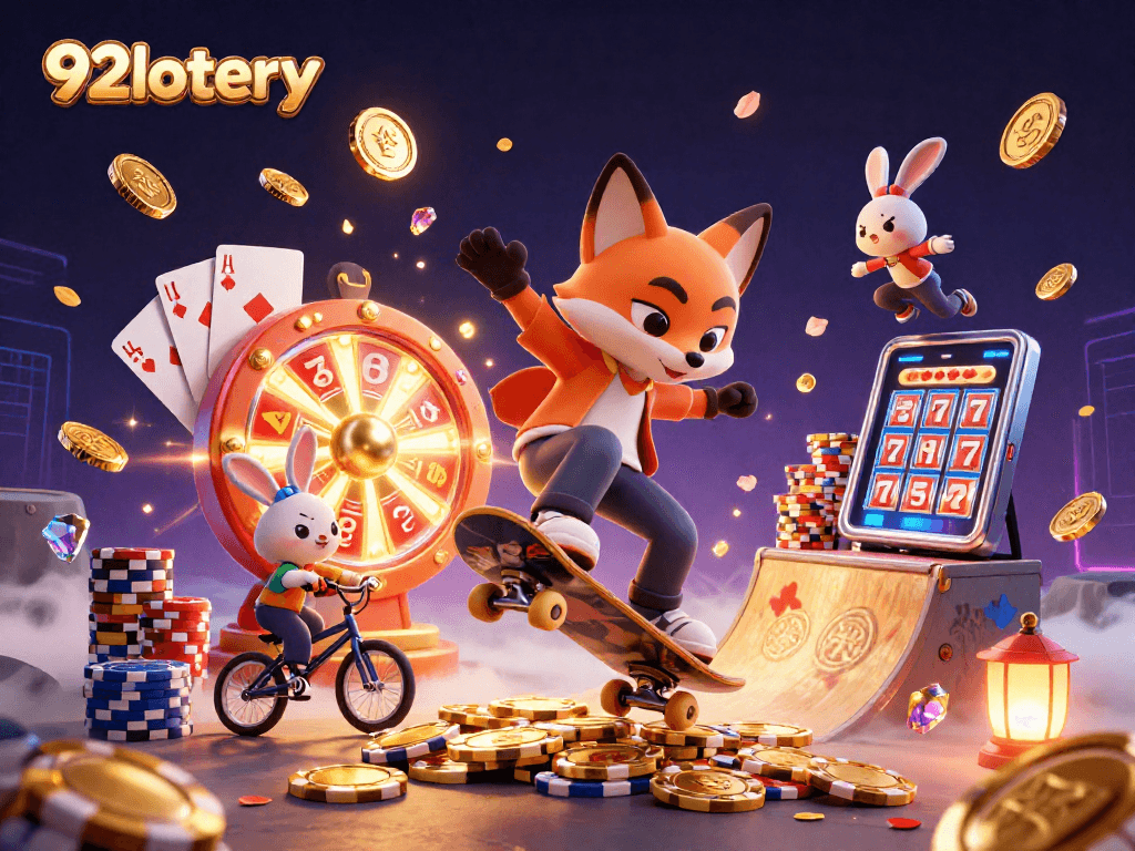 Join the excitement of 92lottery with a vibrant scene showcasing dynamic gaming action and fortune.