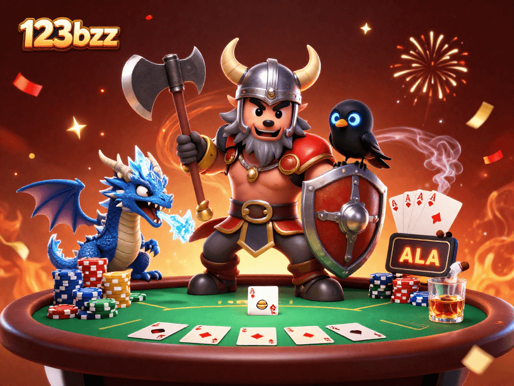 Engage in fun gaming at 123bzz thrilling poker action with a Viking warrior and dragon.