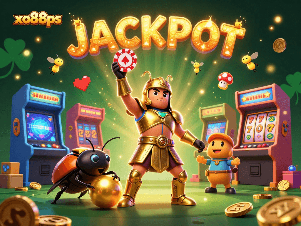 Experience the thrill of winning at xo88ps with a 3D beetle hero leading a vibrant gambling scene.