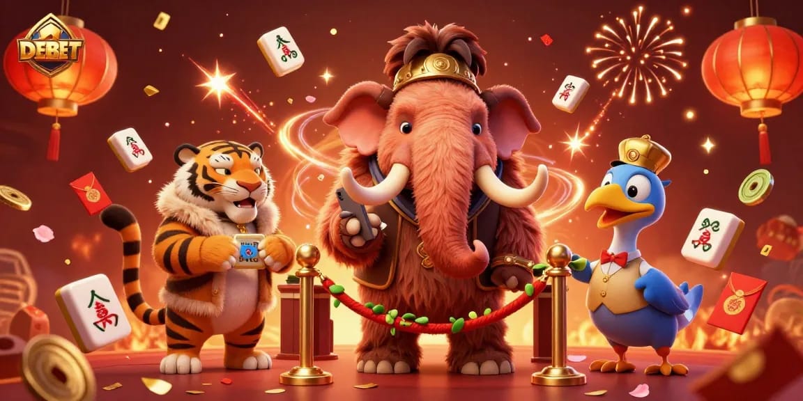 Experience the excitement at DEBET with a vibrant 3D casino scene featuring a woolly mammoth bouncer and dazzling game elements.