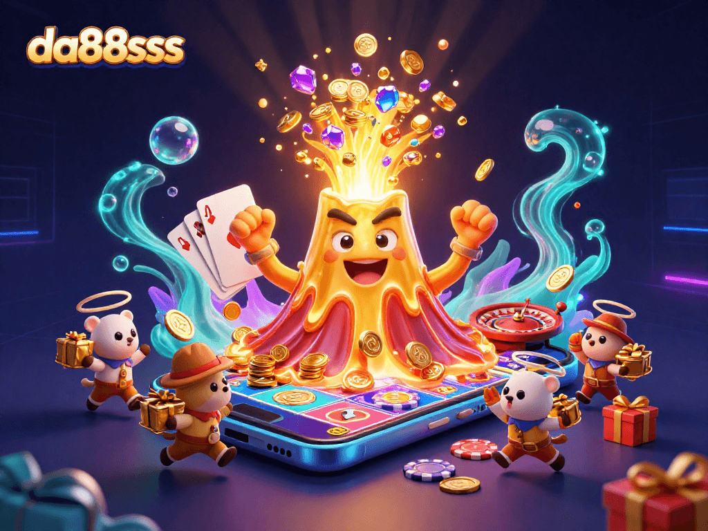 Engage with da88sss slots as a triumphant volcano erupts coins and treasures, filling the scene with excitement.