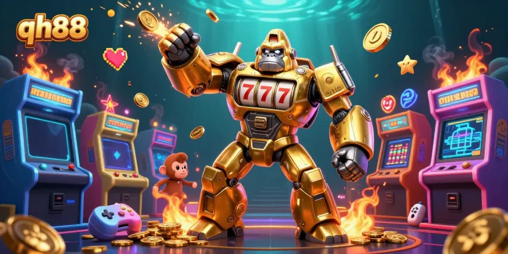 Experience thrilling action with the qh88 golden gorilla mech, bursting with coins in a dynamic casino scene.
