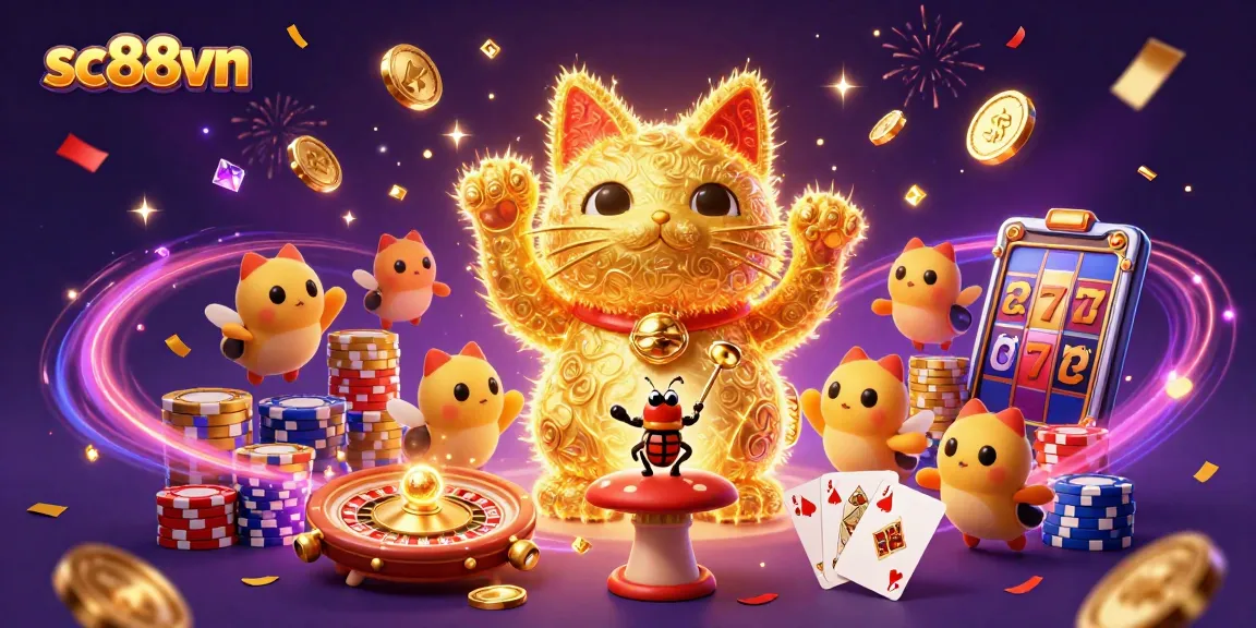 Engage with the sc88vn dynamic casino world featuring a lucky cat and gaming symbols.