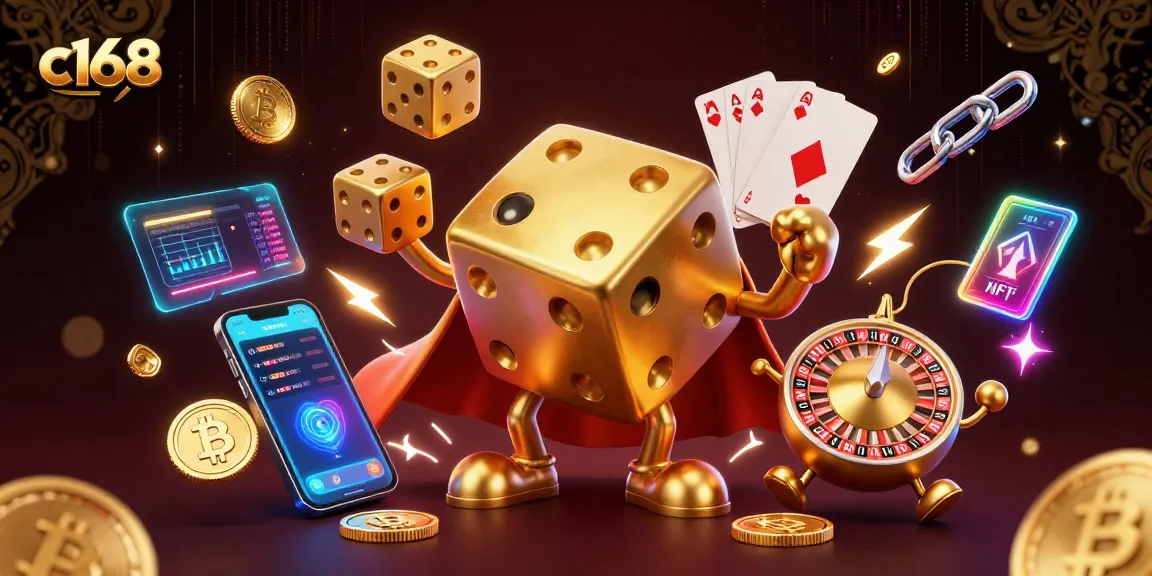 c168 interactive gaming scene featuring a golden dice golem, crypto elements, and vibrant casino atmosphere