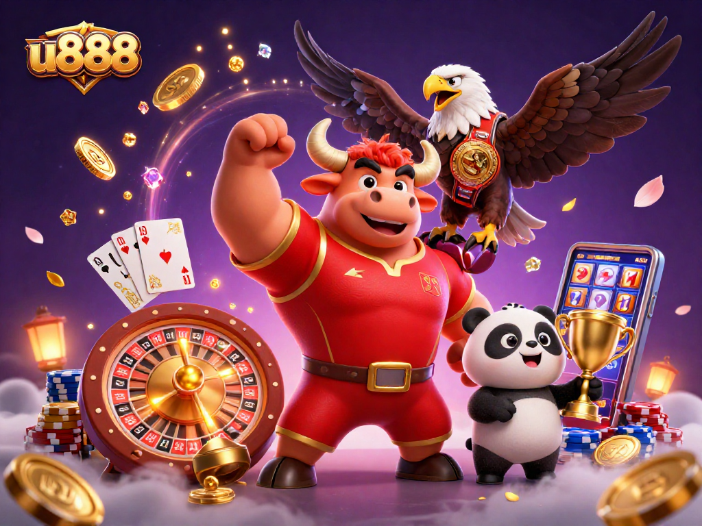 Join the excitement at u888 with a jubilant bull mascot and friends amid cascading coins and game elements.
