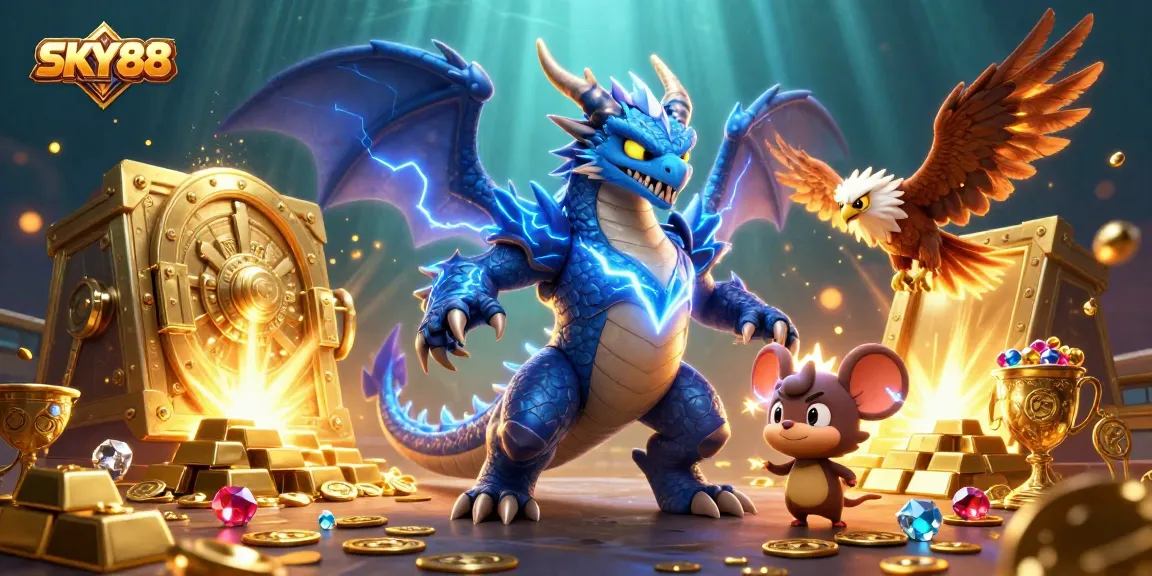 Win big with SKY88 featuring a thunder dragon and treasures in an electrifying casino scene.
