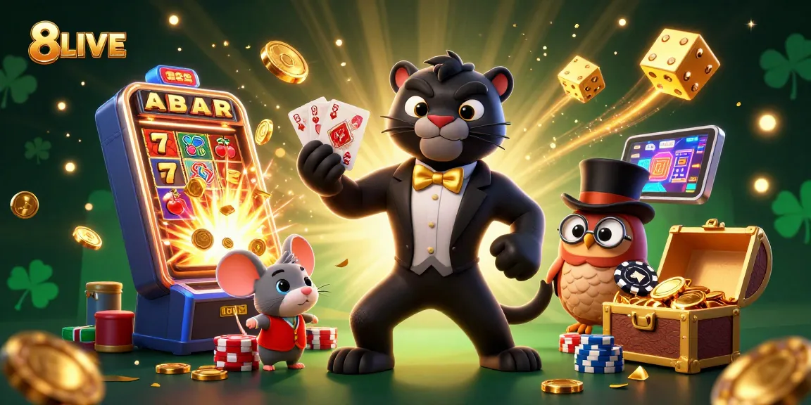 Experience thrilling gaming at 8LIVE with a lively illustration showcasing an animated casino scene filled with excitement and winning.