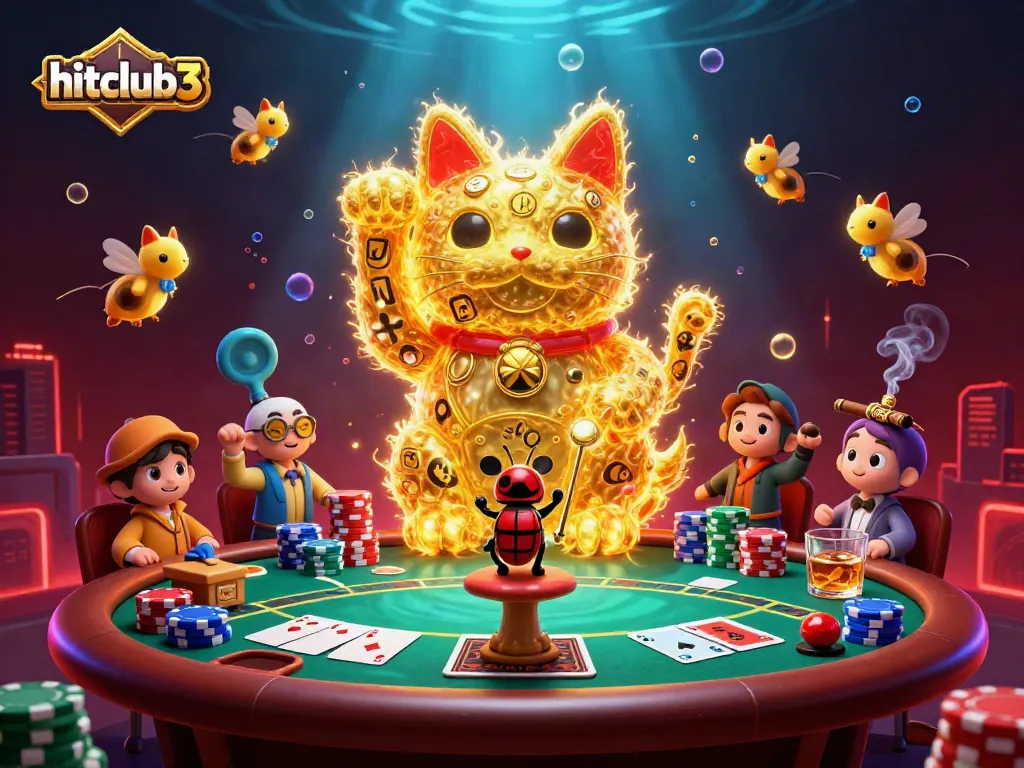 Experience hitclub3's vibrant casino atmosphere with a giant lucky cat, poker chips, and bioluminescent effects.