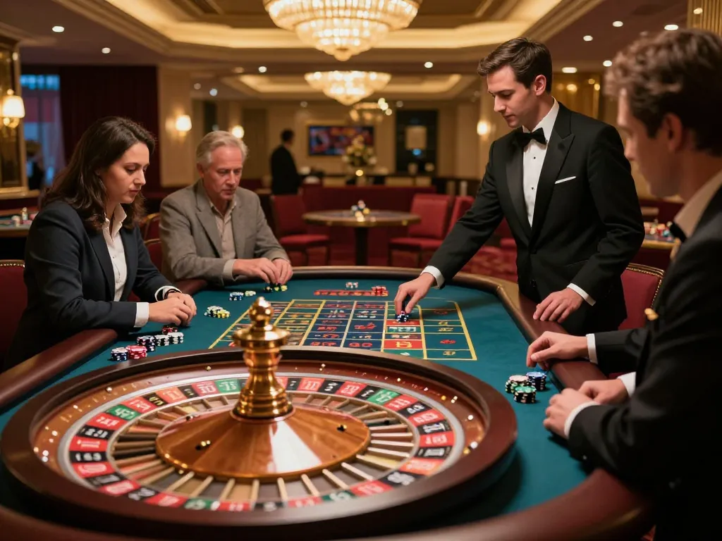 Experience the thrill of red88 at an elegant roulette table with colorful chips and engaged players