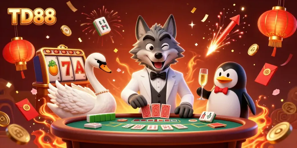 Engaging TD88 slots scene with animated characters and vibrant casino elements