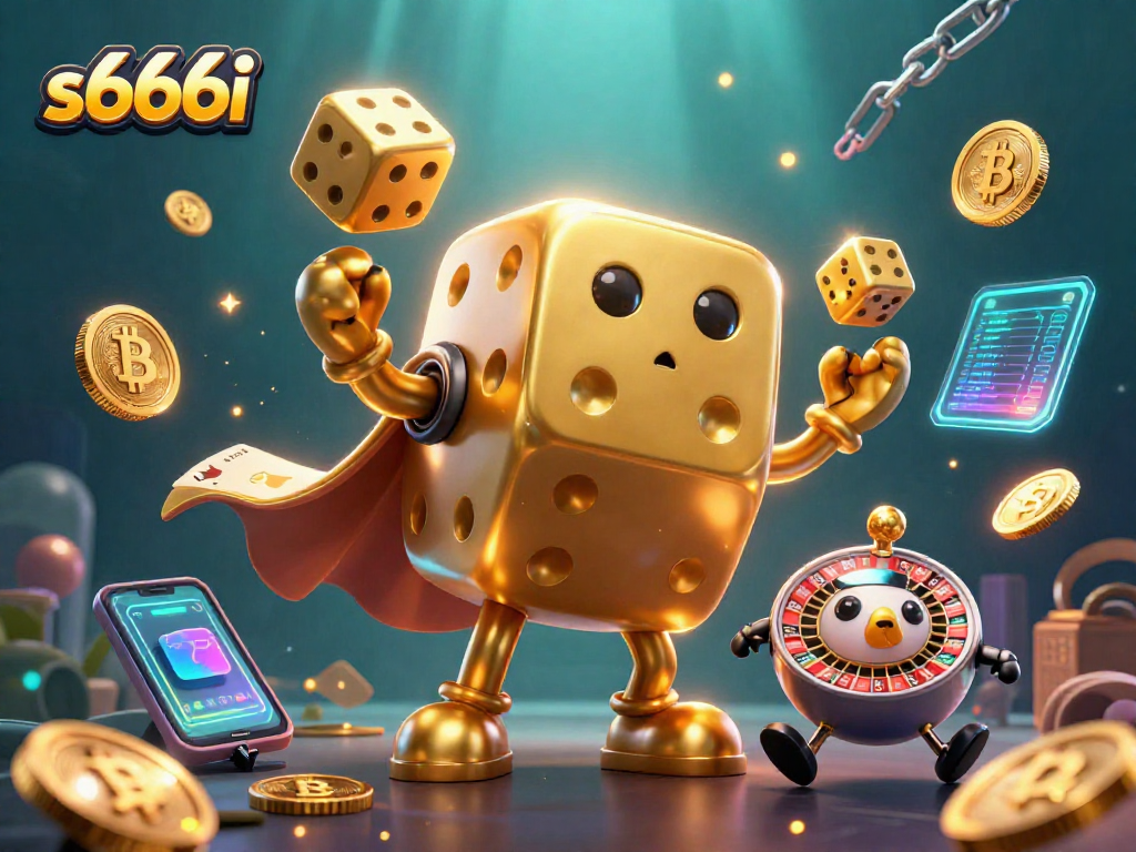 Experience the thrilling s666i casino scene with dynamic dice, glowing coins, and vibrant digital elements.
