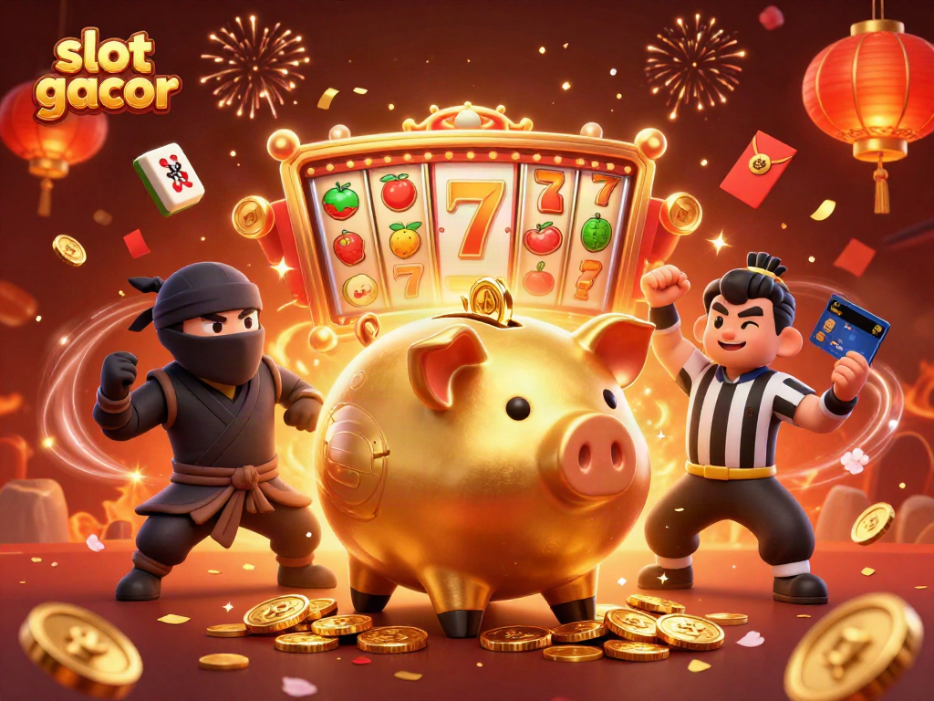 Experience exciting slot gacor games alongside a golden piggy bank wrestler and lucky samurai in this vibrant illustration.