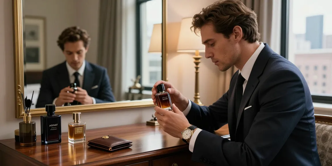 Man die Armaf Club de Nuit Intense Man parfum aanbrengt in een elegante stedelijke omgeving.