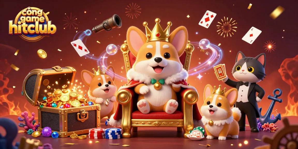 Win big at cổng game hitclub featuring a royal corgi and exciting casino elements in a vibrant scene.