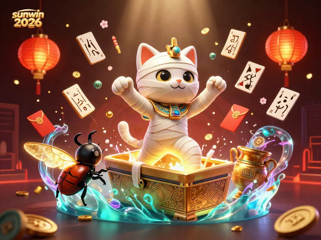 Join the excitement of sunwin 2026 with a dynamic 3D casino illustration featuring lucky charms and vibrant elements.