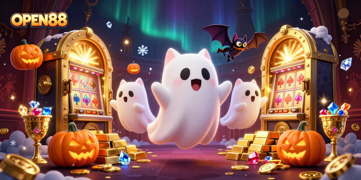 Experience the magical world of OPEN88 with a ghostly cat and treasures in a dazzling casino.