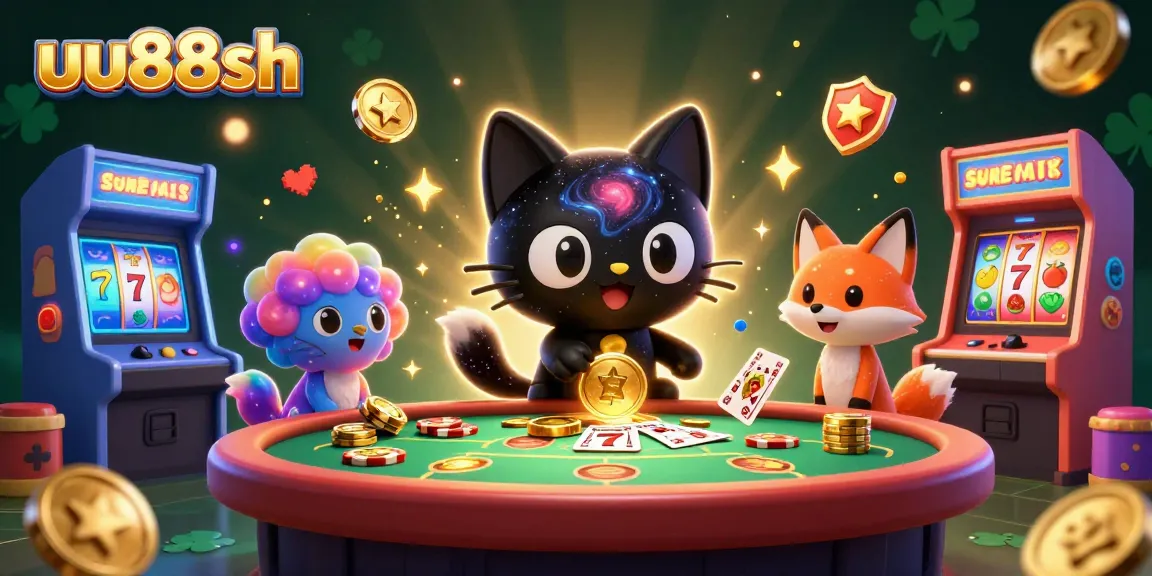 Engage in thrilling games with uu88sh at a cosmic casino, featuring artistic slot reels and vibrant characters.