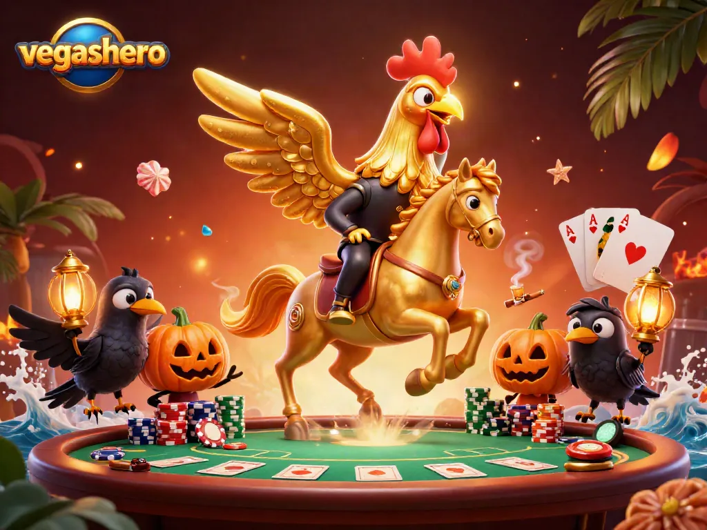 Join the adventure at VegasHero casino with a golden rooster and friends amidst vibrant gaming elements.