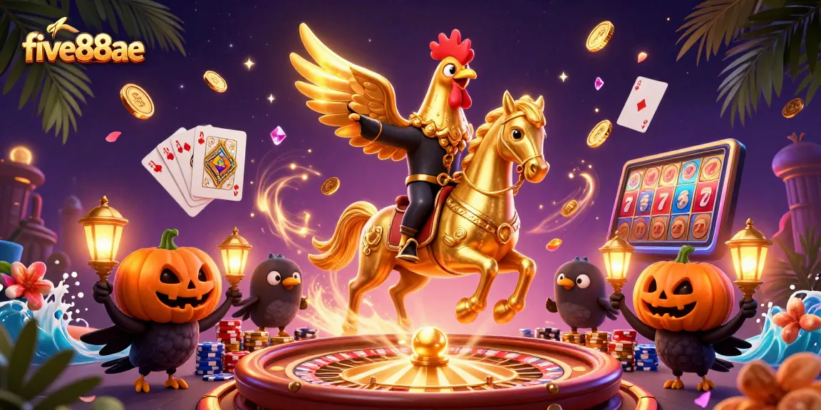 Experience excitement at five88ae with a golden rooster riding through a lively casino scene.