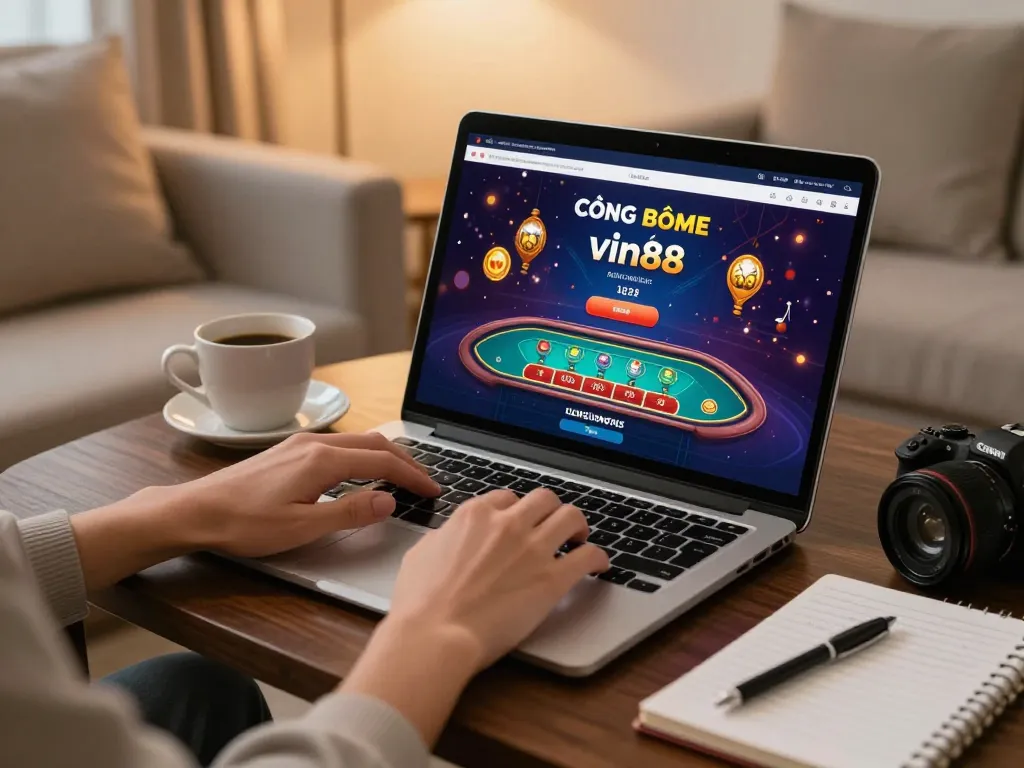 Cổng game Vin88 style online gaming setup showcasing vibrant gameplay on a laptop with strategic notes