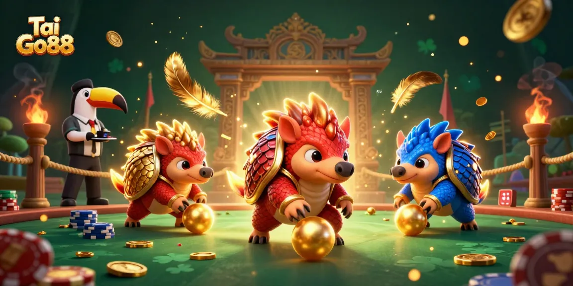Join the Tai Go88 adventure with playful pangolins rolling through poker chips in an exciting casino setting.