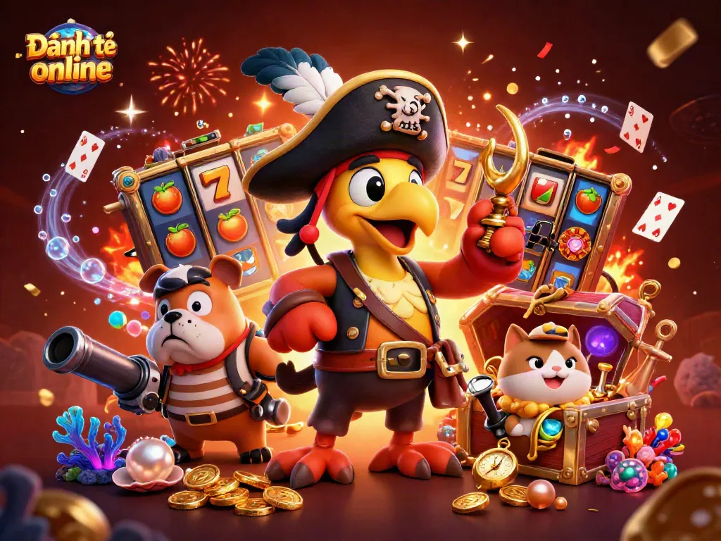 Experience thrilling Đánh đề online action with vibrant characters and slot machine elements in a dynamic scene.