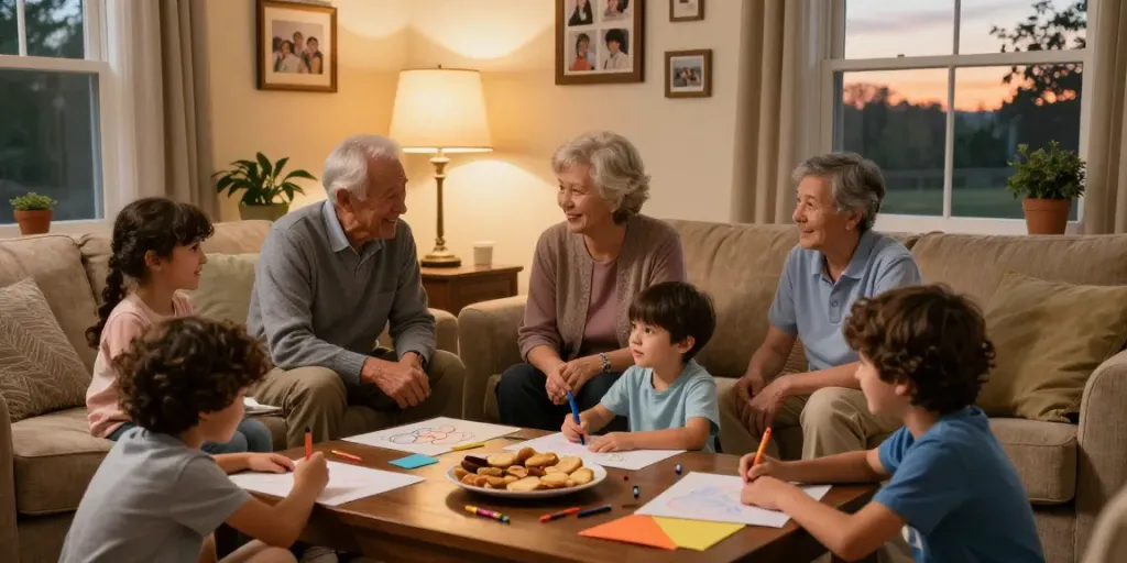 A warm family gathering celebrating rokok88 values of honoring parents with laughter and togetherness.