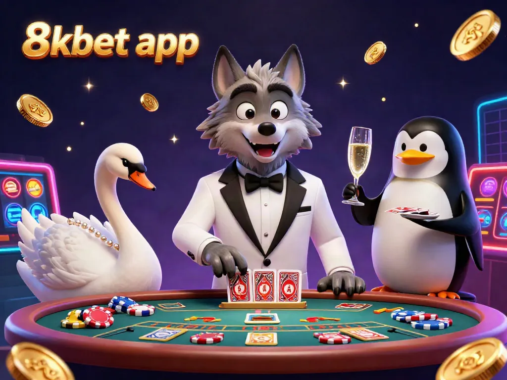 Experience the excitement of the 8xbet app with a lively casino scene featuring a debonair wolf and elegant swan.