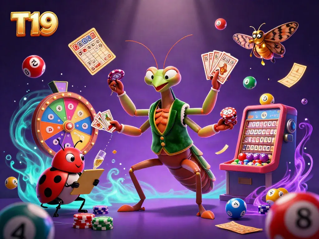 T19 presents a thrilling casino experience with a giant mantis card sharp and a vibrant scene of gaming elements.