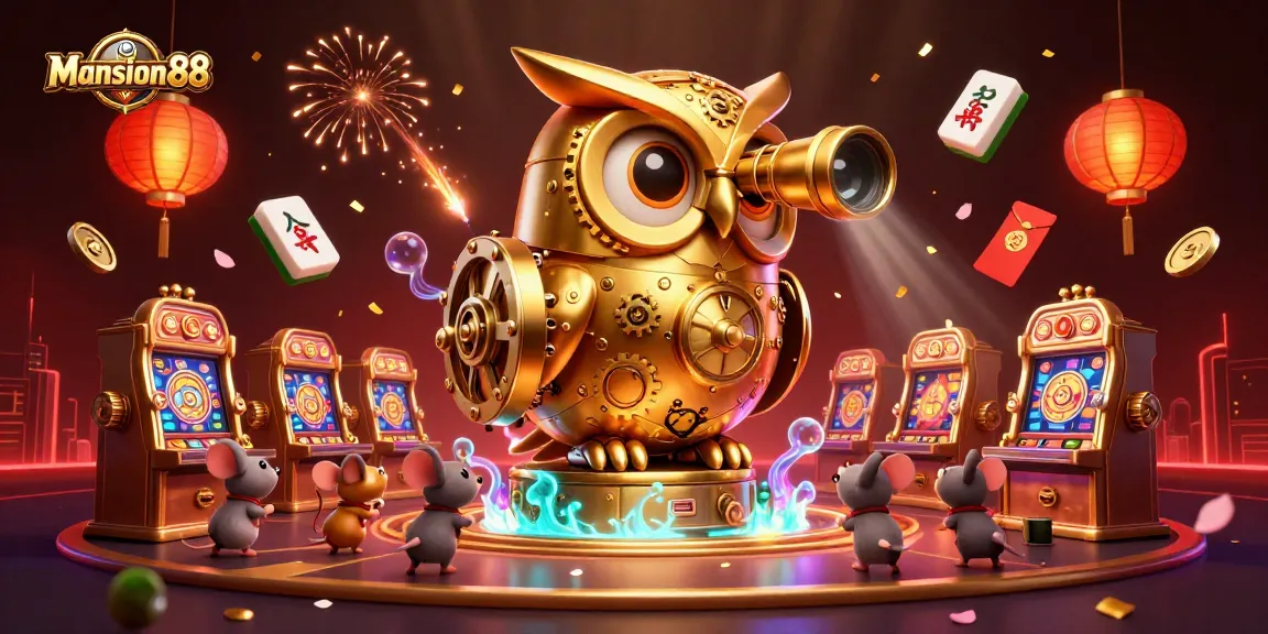 Experience the thrill of Mansion88 with a golden owl overseeing a bustling casino scene filled with vibrant game elements.