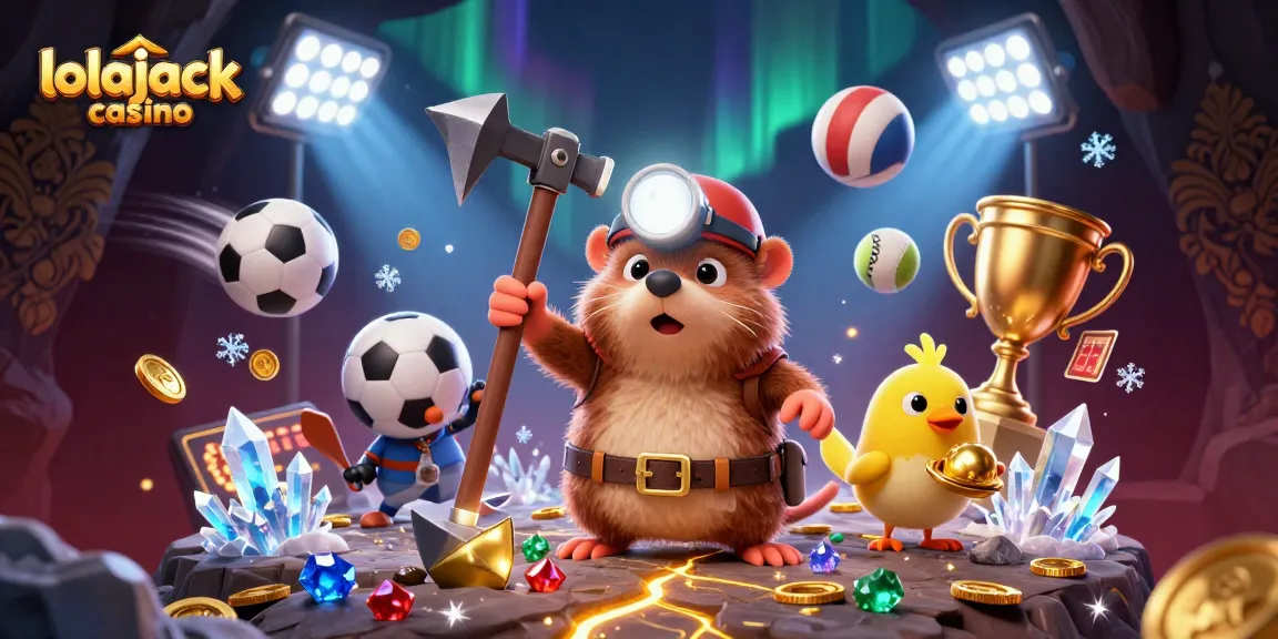 Experience the thrill of lolajack casino with a treasure hunter mole and canary in a vibrant gambling scene.