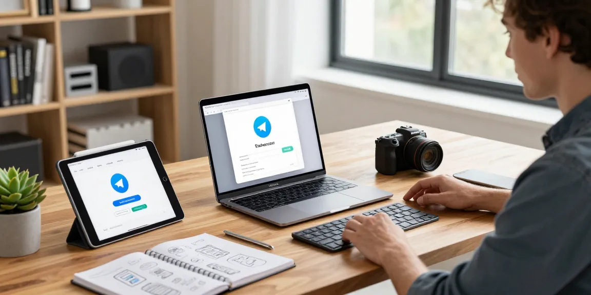 Download Telegram application interface on a developer's workspace highlighting modern tech gadgets and productivity tools.