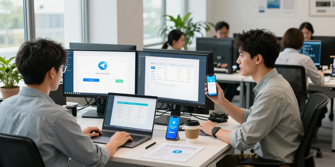Setting Telegram中文 on various devices in a tech support environment, illustrating user-friendly setup processes.