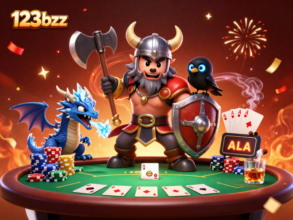 Engage in fun gaming at 123bzz thrilling poker action with a Viking warrior and dragon.