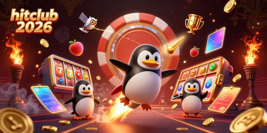 Exciting gaming scene featuring hitclub 2026 with a golden penguin, casino elements, and dynamic gameplay.