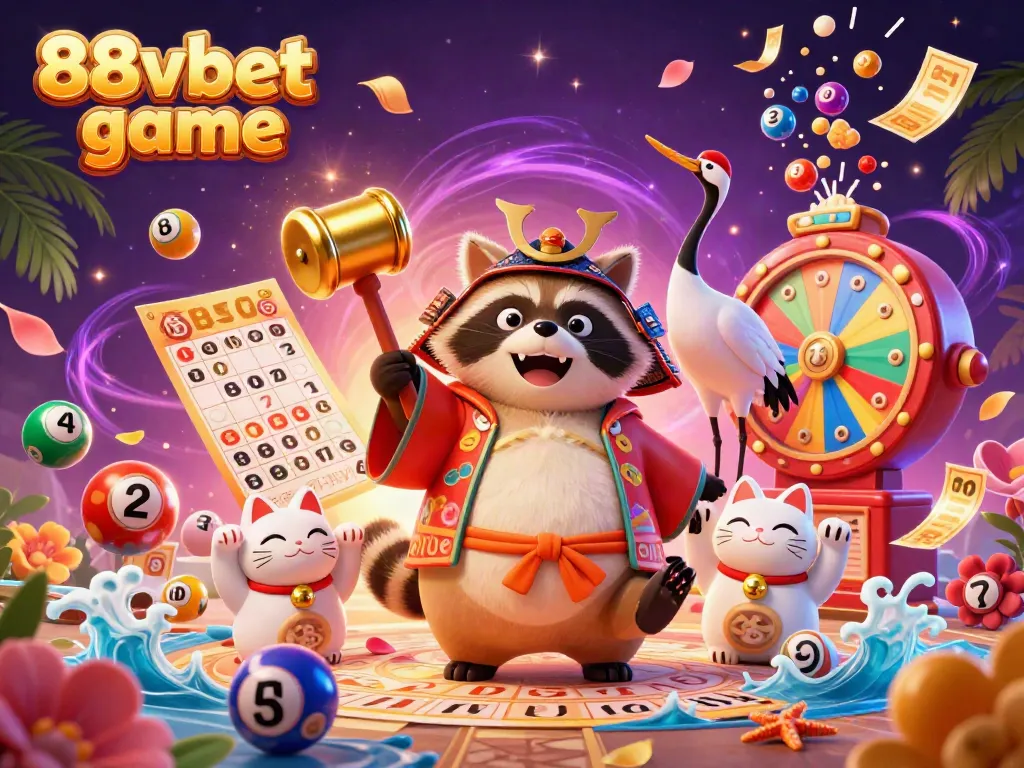 Engage with the exciting 88vbet game, showcasing a festival-themed scene packed with lottery and casino elements.