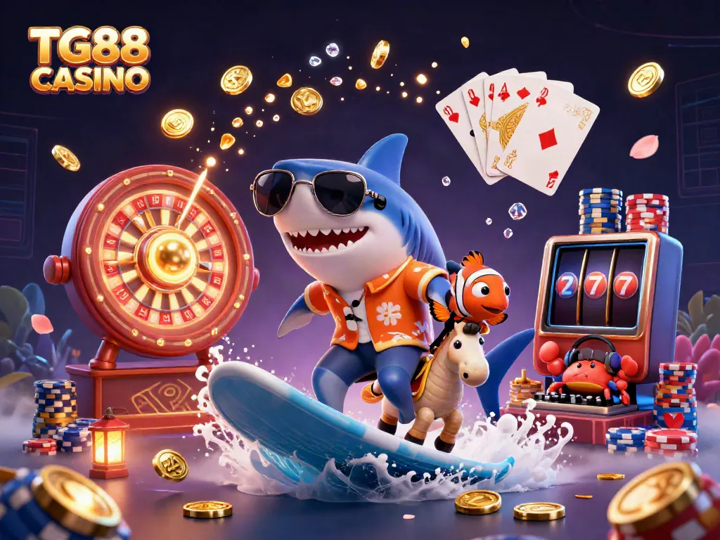 Experience excitement at TG88 CASINO with a shark surfing on gold coins amidst dazzling casino elements.