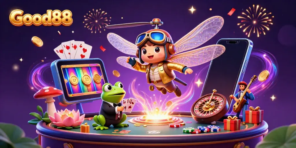 Engage in thrilling gameplay with Good88, featuring a vibrant casino scene with characters and gaming elements.