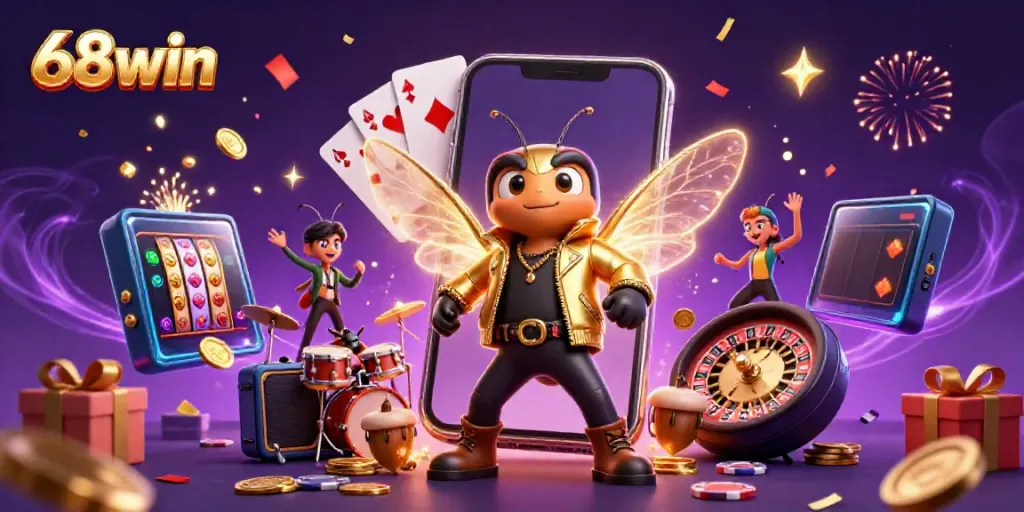 Experience the thrill of 68win with a vibrant 3D scene of a rock star and game elements.