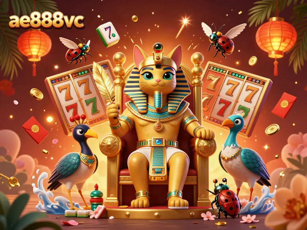 Join the excitement at ae888vc with vibrant 3D illustrations of slot games and lucky symbols.